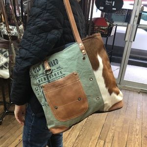 Myra leather pocket canvas tote bag (S-1236)